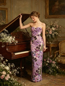 Elegant strapless bodycon maxi dress with purple floral embroidery in a classic studio