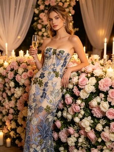 Trägerloses Maxikleid Mit Blumenstickerei Und Pailletten Elegantes Bodenlanges Abendkleid Mesh-Gewebe Für Damen