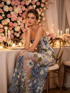 Elegantes Abendkleid mit Blumenstickerei und Mesh-Details für Partys und Bankette