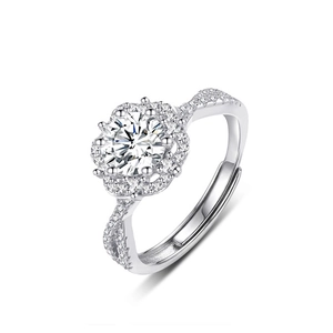 Bague halo en argent sterling 925 avec pierre centrale ronde et anneau torsadé ajustable