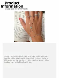 Macro detail of vintage green rhinestone finger bracelet with copper base and gold finish