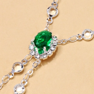 Vintage silver chain ring bracelet with green oval rhinestone and pavé crystal accents