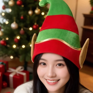 Festive red and green striped elf Christmas hat with ears for holiday celebrations