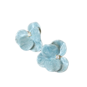 Handmade enamel light blue orchid flower earrings with marble texture and central crystal