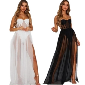 Elegant white and black mesh maxi dresses with fishbone corset and high slit design