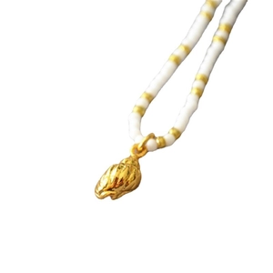 Bohemian seashell pendant necklace with white seed beads and adjustable gold plated chain