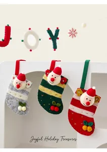 Three-piece felt Christmas stockings with 3D Santa Claus figures and festive embroidery