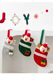 Three-piece felt Christmas stockings with 3D Santa Claus figures and festive embroidery