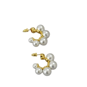 Elegant gold-plated pearl hoop earrings with five white pearls on a brass base