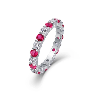 925 silver eternity band ring with alternating red and white pavé-set gemstones