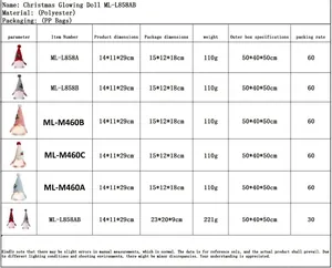 Size chart showing technical specifications for the luminous Christmas gnome doll ornaments