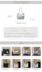 Size guide for large PU tote bag showing dimensions 33x27x13cm in four colors