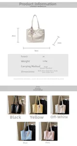 Detailed chart showing PU tote bag dimensions, weight, and five color options for commuters