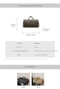 Detailed size specifications for large capacity travel bag with handles and strap