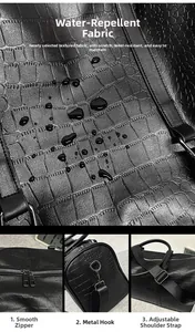 Waterproof detail of black crocodile embossed travel tote with durable metal hardware