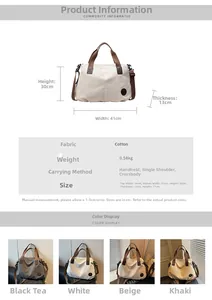 Detailed size chart for large canvas tote bag with 41x30x13cm dimensions and weight info