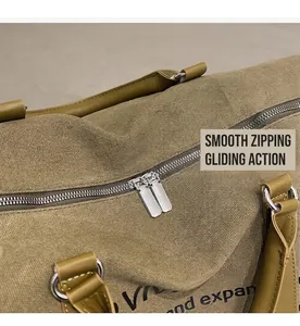 Close-up of khaki canvas travel bag with smooth dual metal zippers and brown leather handles