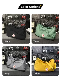 Collage of four colored nylon tote bags with moon logos and adjustable straps for travel
