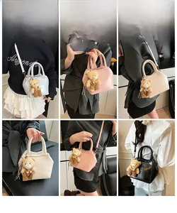 Multiple views of trendy faux leather crossbody bags with cute plush bear charms