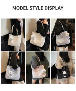 Detail shots of quilted tote bags in multiple colors featuring cute cloud charms