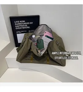 Detailed view showing the large capacity of this olive green canvas travel tote bag