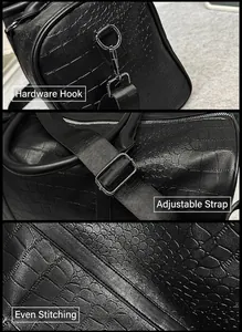 Detailed macro of crocodile pattern texture, metal hardware hooks and even stitching