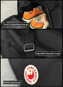 Detail view of the nylon travel bag featuring a shoe compartment and adjustable shoulder strap