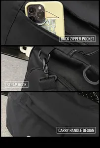 Detail view of the black nylon tote featuring back zipper pocket and metal strap hooks