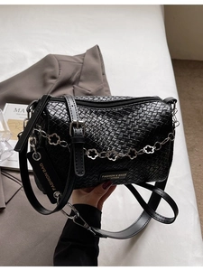 Women Woven PU Leather Pillow Crossbody Bag Fashion Flower Chain Shoulder Bag Korean Versatile Small Boston Handbag Daily Purse