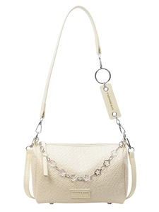 Cream cylinder shoulder bag with woven texture and floral chain decoration