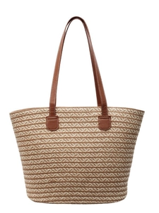 Large capacity striped straw tote bag with brown faux leather handles for women