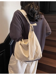 Japanese style checkered hobo bag with adjustable bow shoulder strap for women