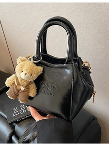 Women PU Leather Shoulder Bucket Bag With Removable Plush Bear Pendant Glossy Small Square Crossbody Bag Commuter Handbag