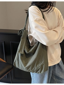 Olive green plaid oversized tote bag with knotted shoulder strap for casual daily use