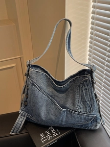 Vintage Washed Denim Tote Bag For Women Large Capacity Shoulder Crossbody Bag With Metal Buckles Casual Hobo Handbag