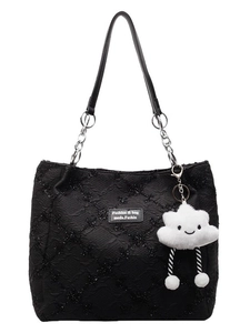 Black quilted tote bag with shimmer finish, silver chain strap, and cute cloud charm pendant