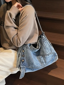 Retro washed denim hobo bag with vintage metal buttons and wide shoulder strap for women