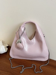 Women's Elegant Crinkled Glossy PU Leather Hobo Bag With Metal Chain Strap Heart Pendant Versatile Fashion Crossbody Handbag