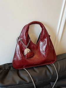 Wine red pleated leather Hobo bag with silver chain strap and heart charm accent