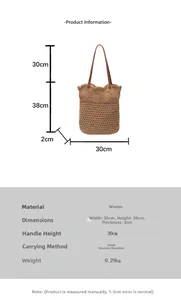 Guide détaillé des dimensions pour grand sac cabas en paille avec motifs tissés et anses cuir
