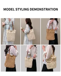 Détail du sac cabas en crochet avec tissage évidé et fines bretelles en cuir marron