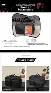 Détails du sac de voyage en nylon montrant les dimensions 42x23x25cm et le poids 0,42kg