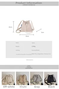 Detailed view of nylon drawstring bucket bag dimensions and four available colors