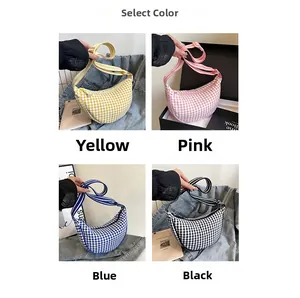 Grid view of plaid crescent crossbody bags in yellow, pink, blue and black options