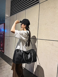 Black woven texture large capacity tote travel bag with detachable crossbody strap