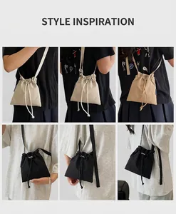 Detailed views of nylon drawstring bucket bag showing back and side profile on a model