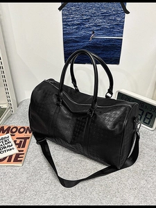 Large capacity black embossed PU leather travel tote bag with adjustable shoulder straps