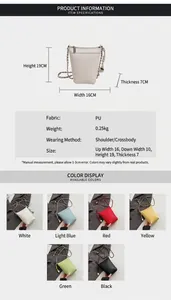 Spécifications détaillées du petit sac seau avec bandoulière chaîne et motif cuir