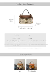 Size chart showing mini bucket bag dimensions 16x12x9cm with bear pattern and chain strap