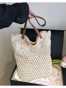 Bohemian Straw Woven Shoulder Bag For Women Beach Vacation Hollow Out Bucket Bag Large Capacity Crochet Tote Bag